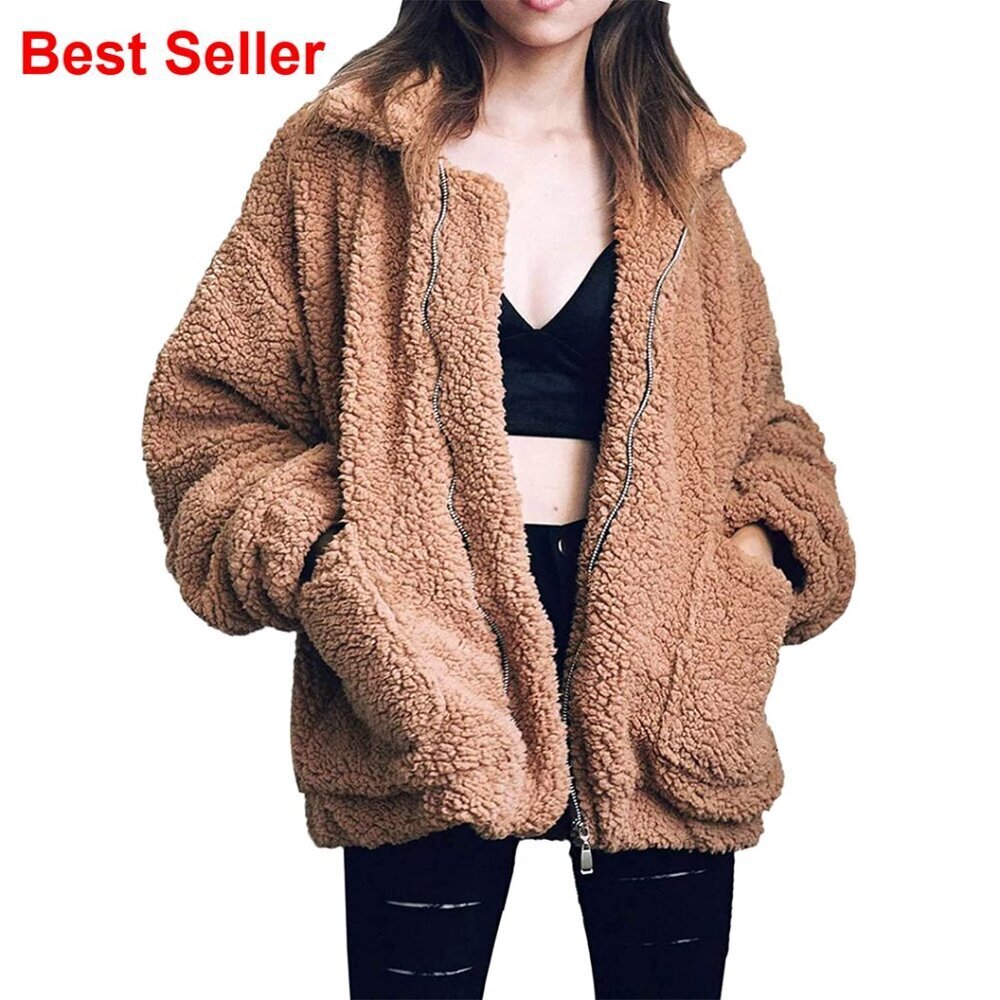Oversized Faux Shearling Fleece Jacket, Lapel, Zipper, Warm Winter Coat